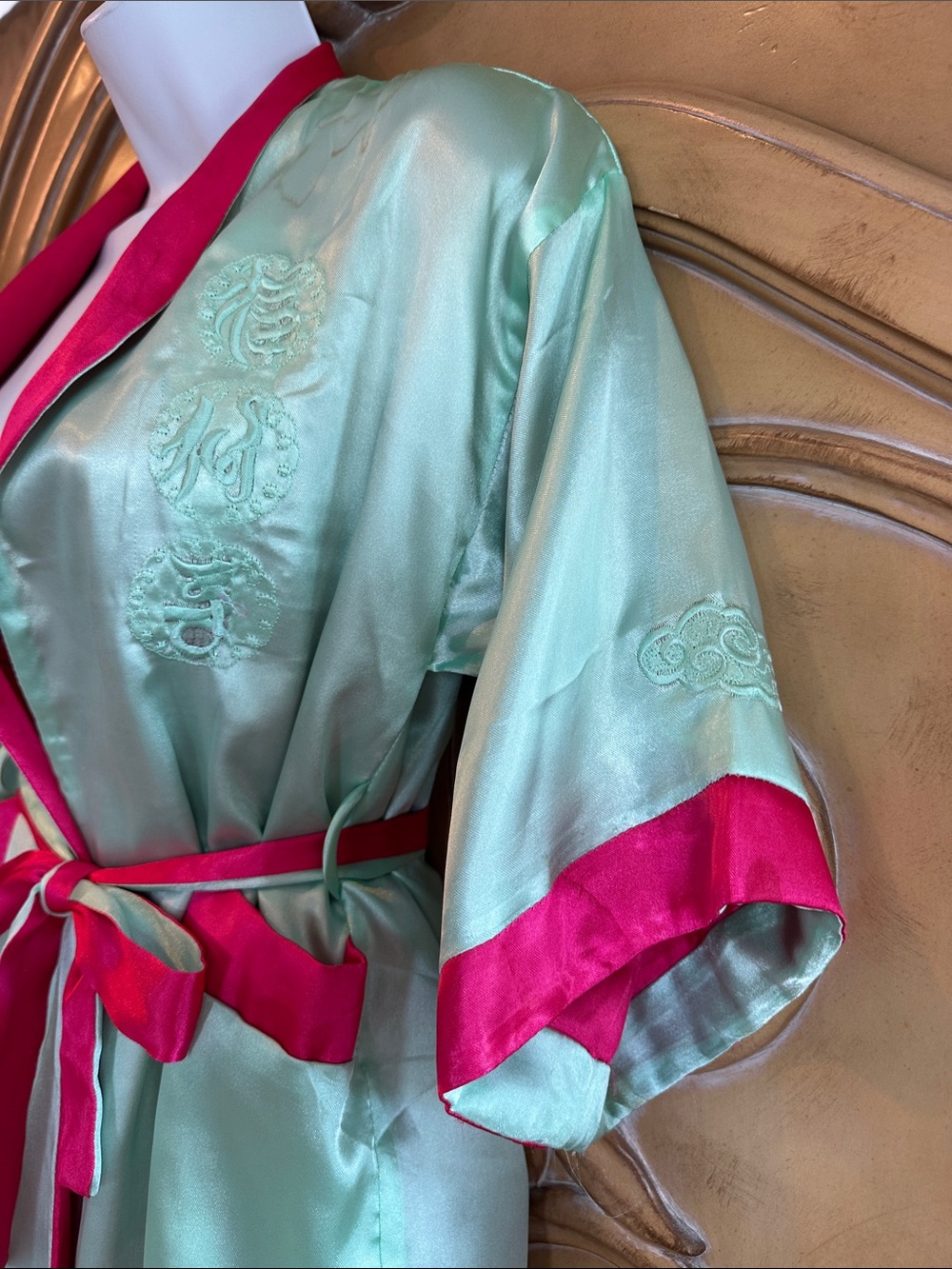 Pink Reversible Kids Kimono Robe with Mint Trim - Elegant Lounge Robe - Picture 7 of 12